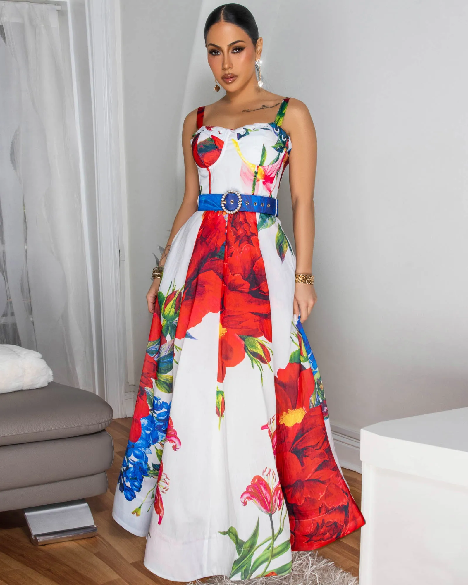 Moana Off-White Red Multi-Color Print Maxi Dress sold by Chic Couture