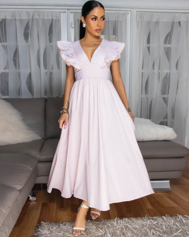 Caspianne Light Peach White Stripes Maxi Dress sold by Chic Couture