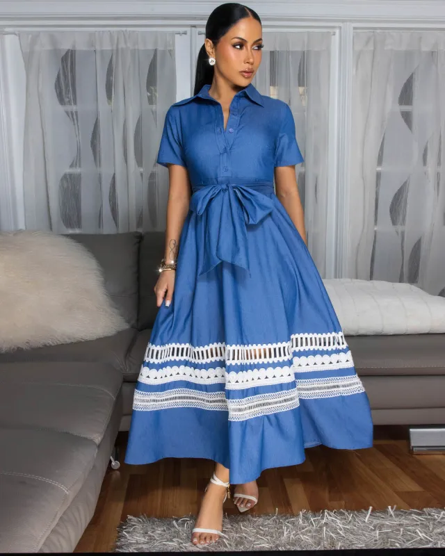 Nneka Denim Blue White Embroidery Maxi Dress sold by Chic Couture