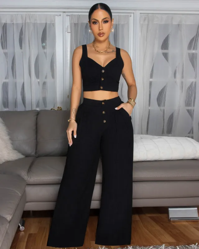 Elnissa Black Top & Linen Pants Set sold by Chic Couture