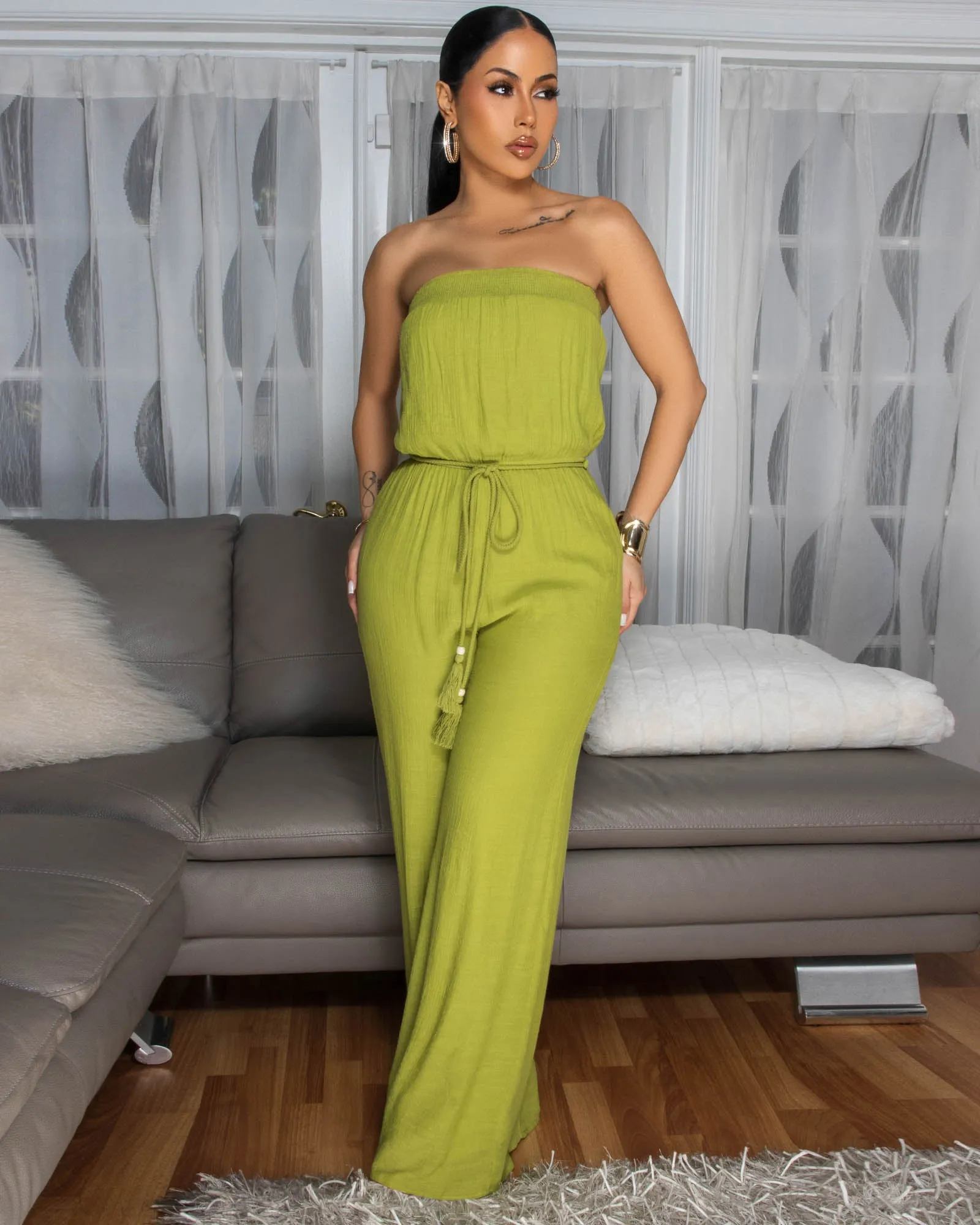 Deyanara Lime Linen Strapless Jumpsuit sold by Chic Couture product image thumbnail 2