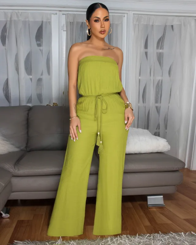 Deyanara Lime Linen Strapless Jumpsuit sold by Chic Couture