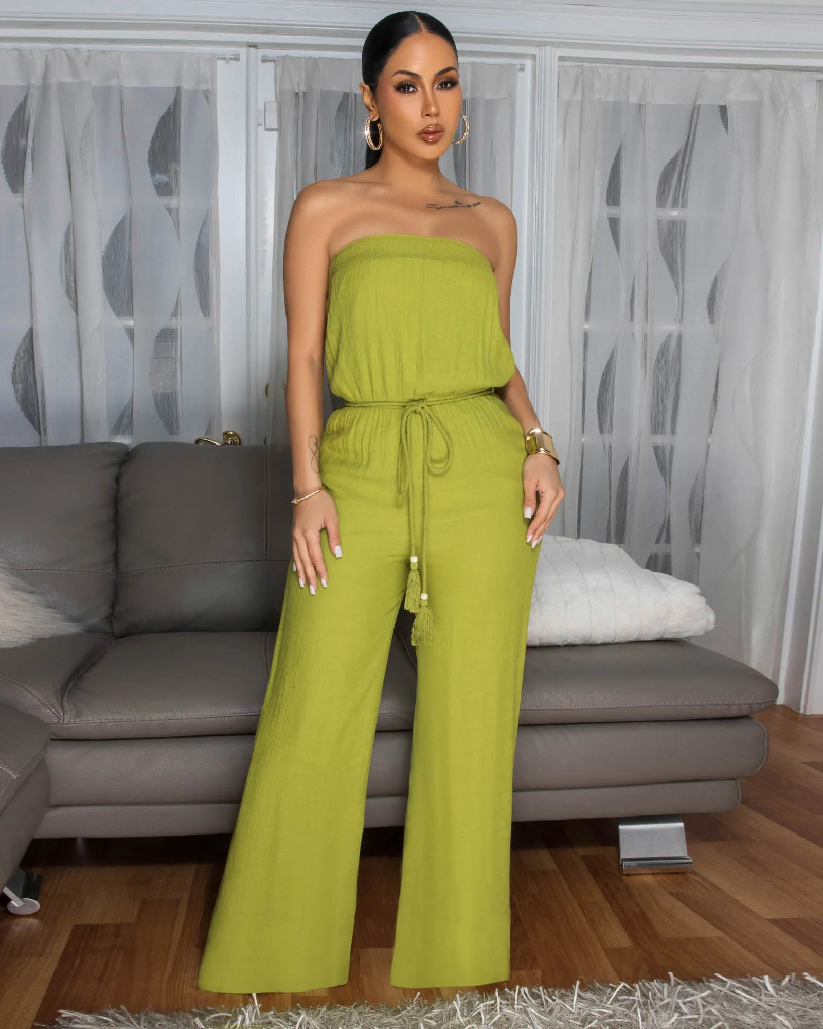 Deyanara Lime Linen Strapless Jumpsuit sold by Chic Couture