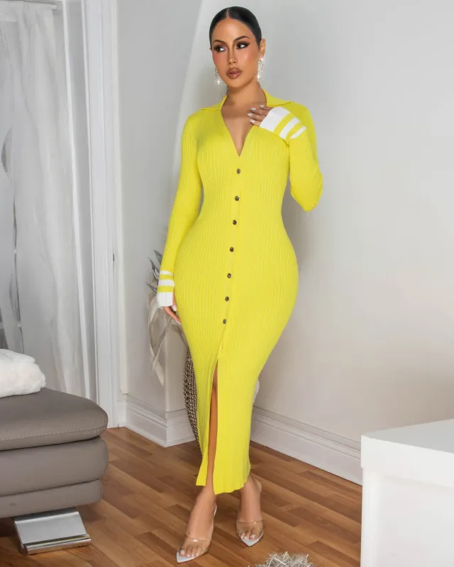 Kassidy Yellow Ribbed BodyCon Maxi Dress sold by Chic Couture
