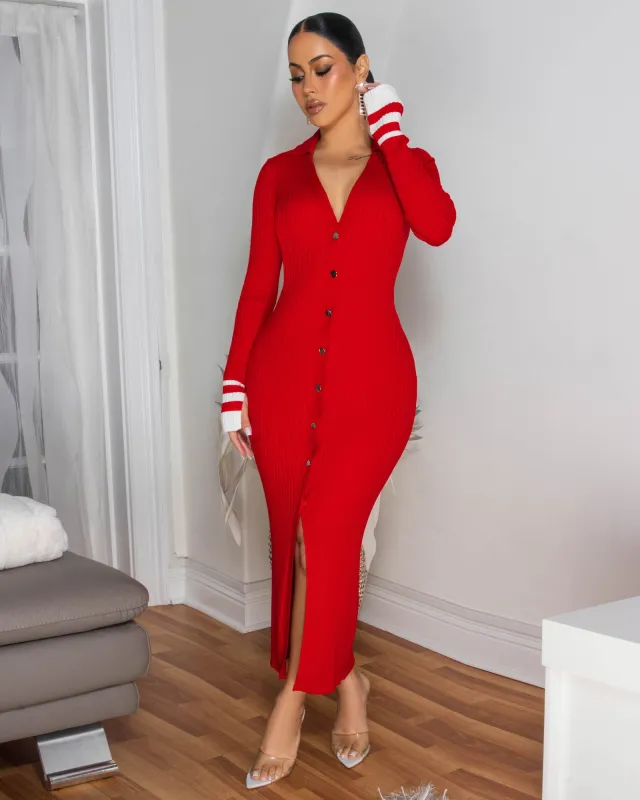 Kassidy Red Ribbed BodyCon Maxi Dress sold by Chic Couture