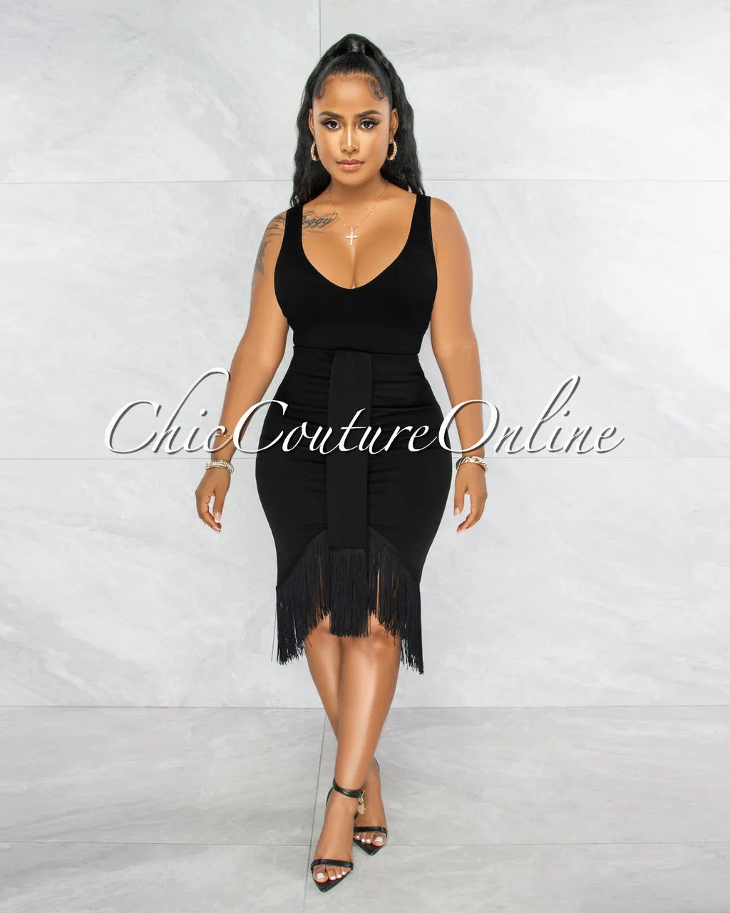 Peleka Black Drape Fringe Hem Midi Skirt sold by Chic Couture