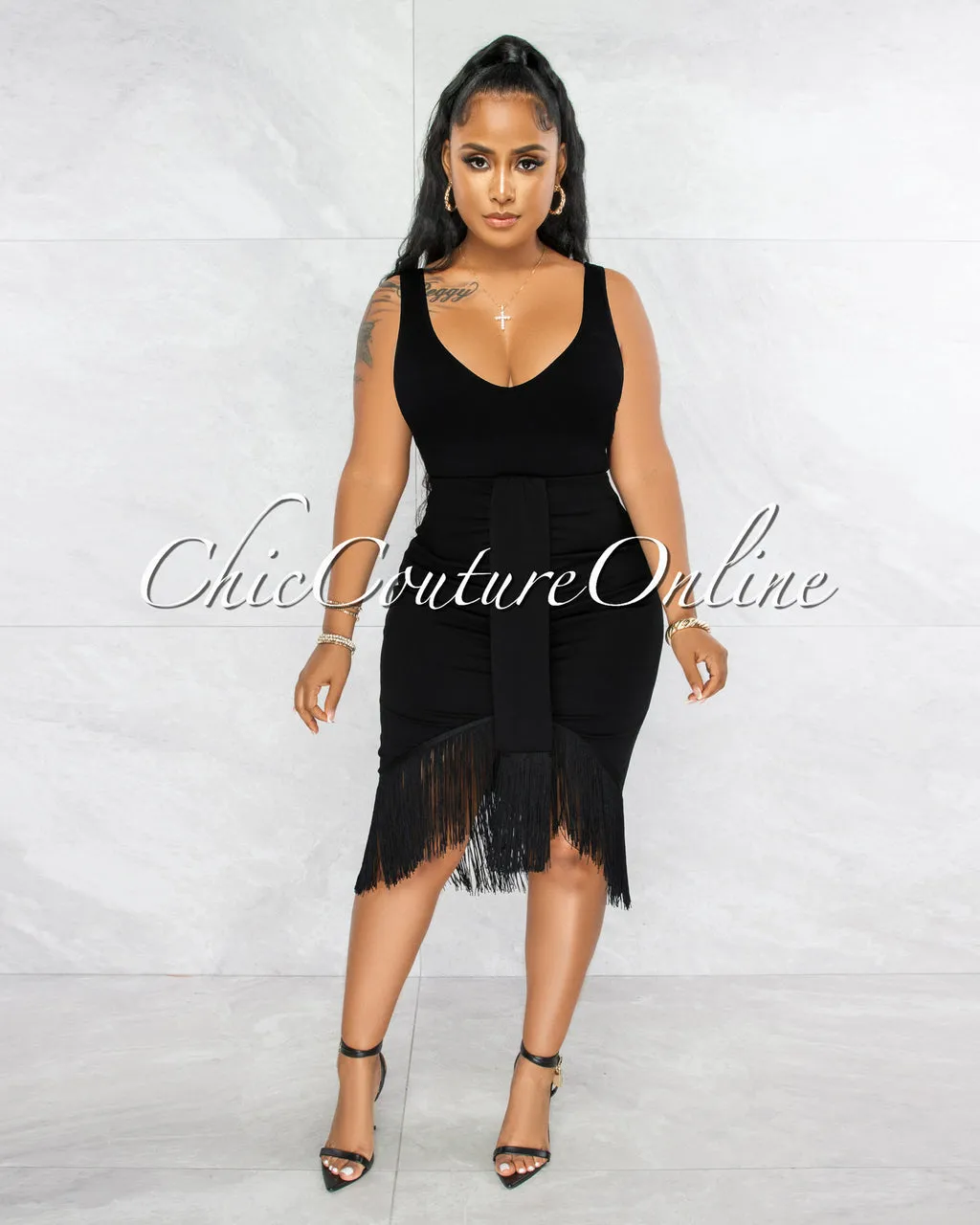Peleka Black Drape Fringe Hem Midi Skirt sold by Chic Couture product image thumbnail 2