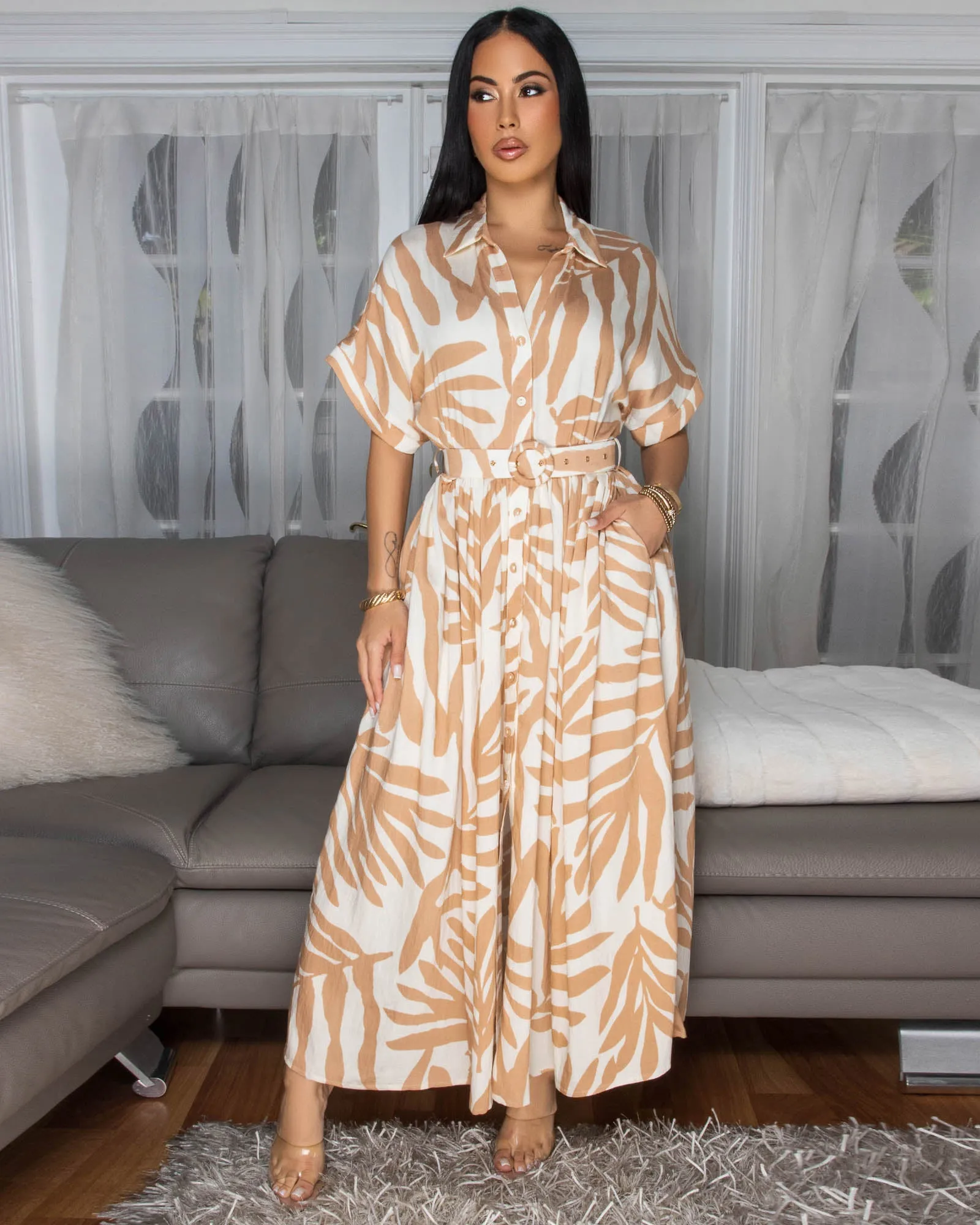 Dallas Nude Cream Print Belted Midi Dress sold by Chic Couture