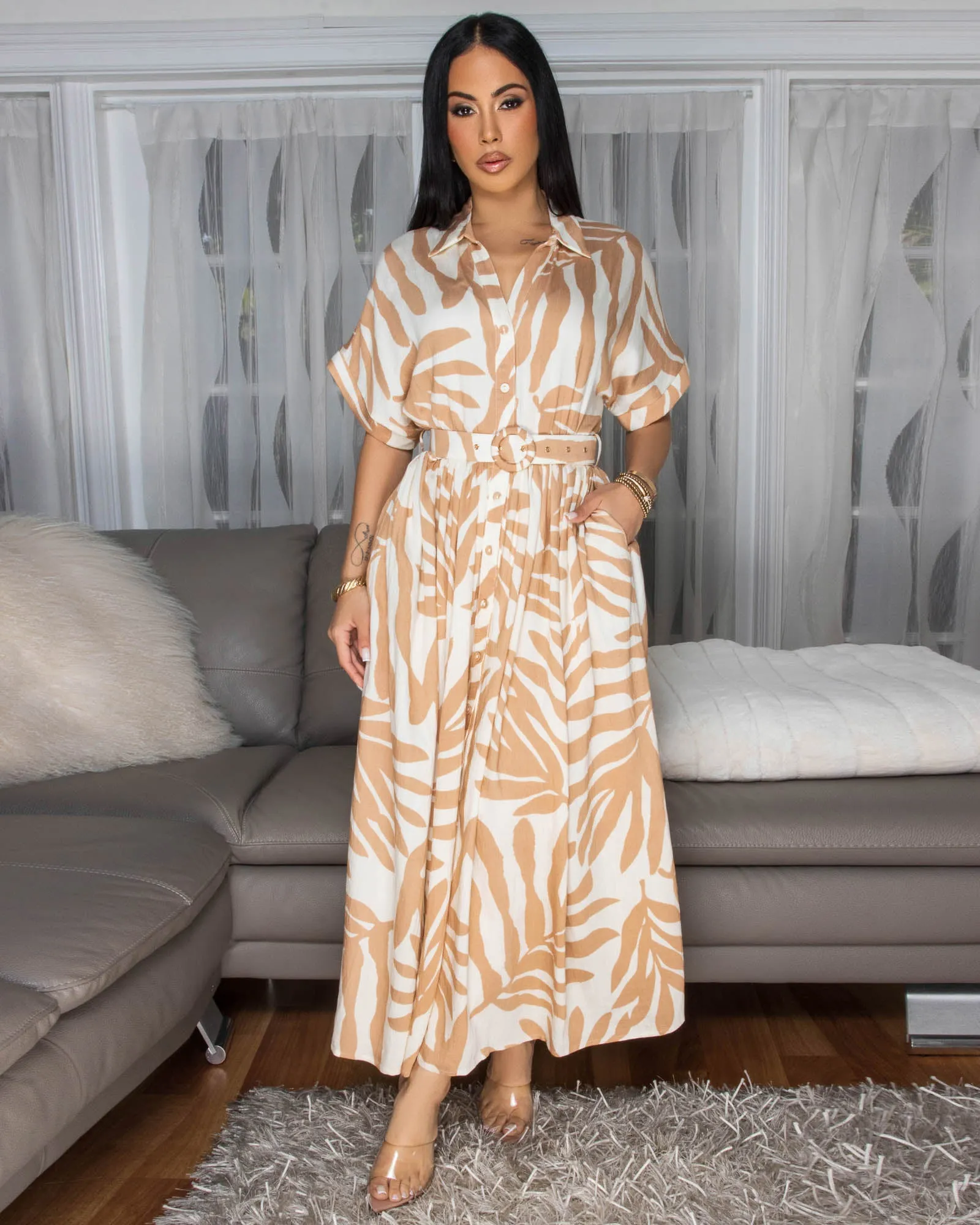 Dallas Nude Cream Print Belted Midi Dress sold by Chic Couture product image thumbnail 2