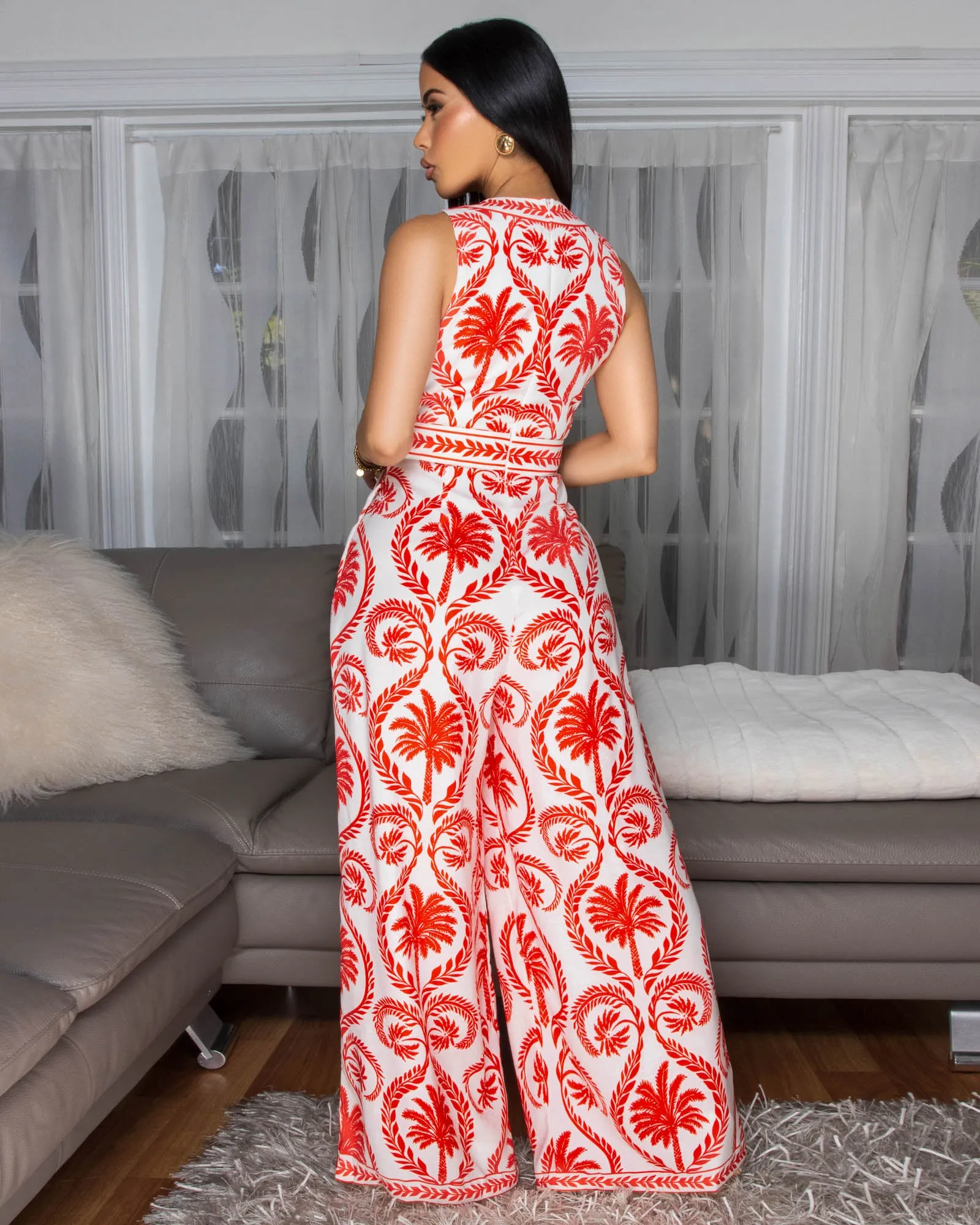 Guilia Red White Print Tie Front Jumpsuit sold by Chic Couture product image thumbnail 4