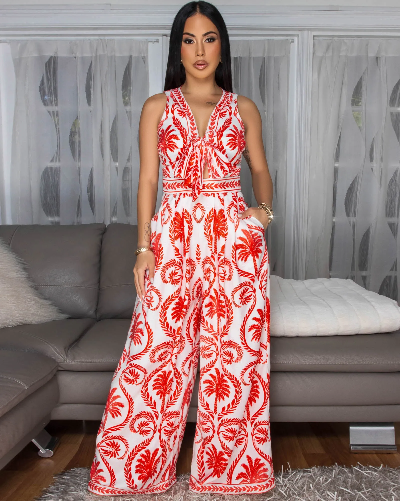 Guilia Red White Print Tie Front Jumpsuit sold by Chic Couture