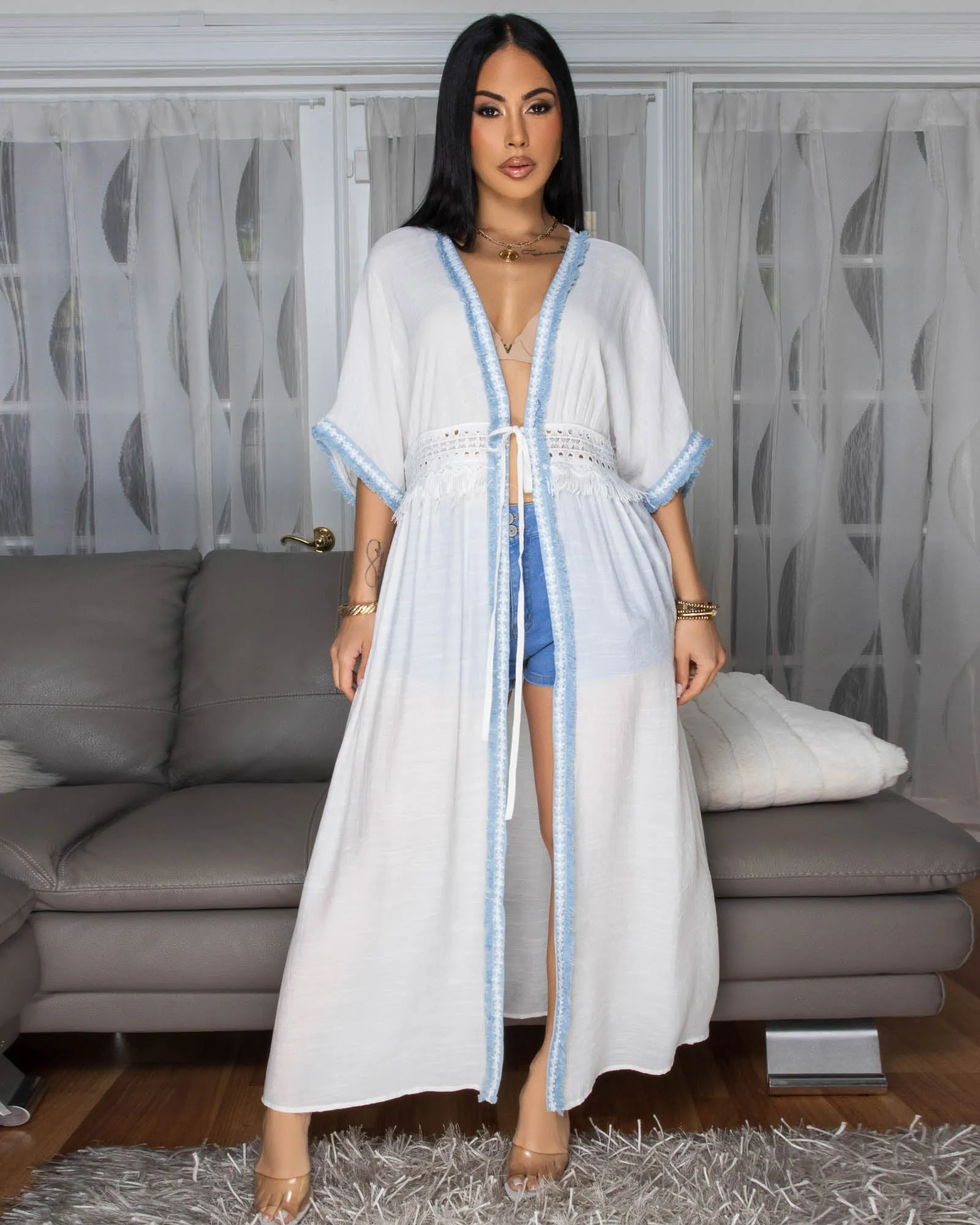 Adoria Off-White Blue Denim Trim See-Thru Duster sold by Chic Couture product image thumbnail 2