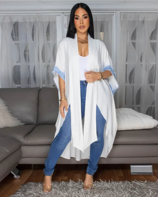 Gwyneth Off-White Blue Denim Trim Long Duster sold by Chic Couture
