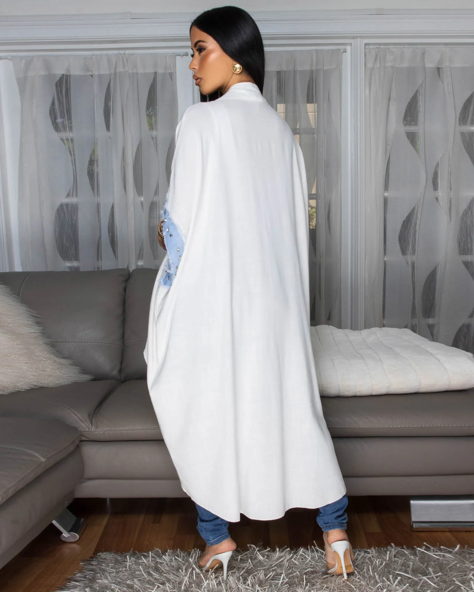 Gwyneth Off-White Blue Denim Trim Long Duster sold by Chic Couture product image thumbnail 4