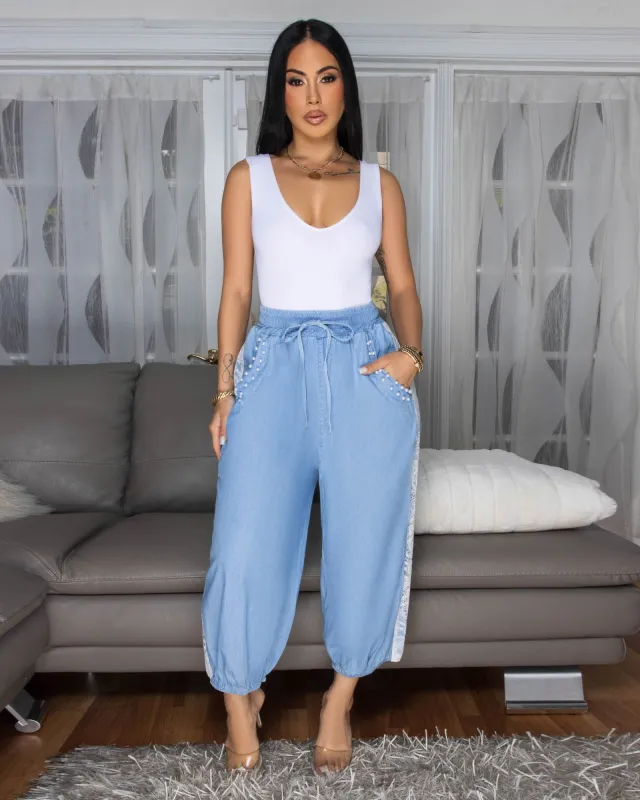 Velma Light  Blue Denim Jogger Pants sold by Chic Couture