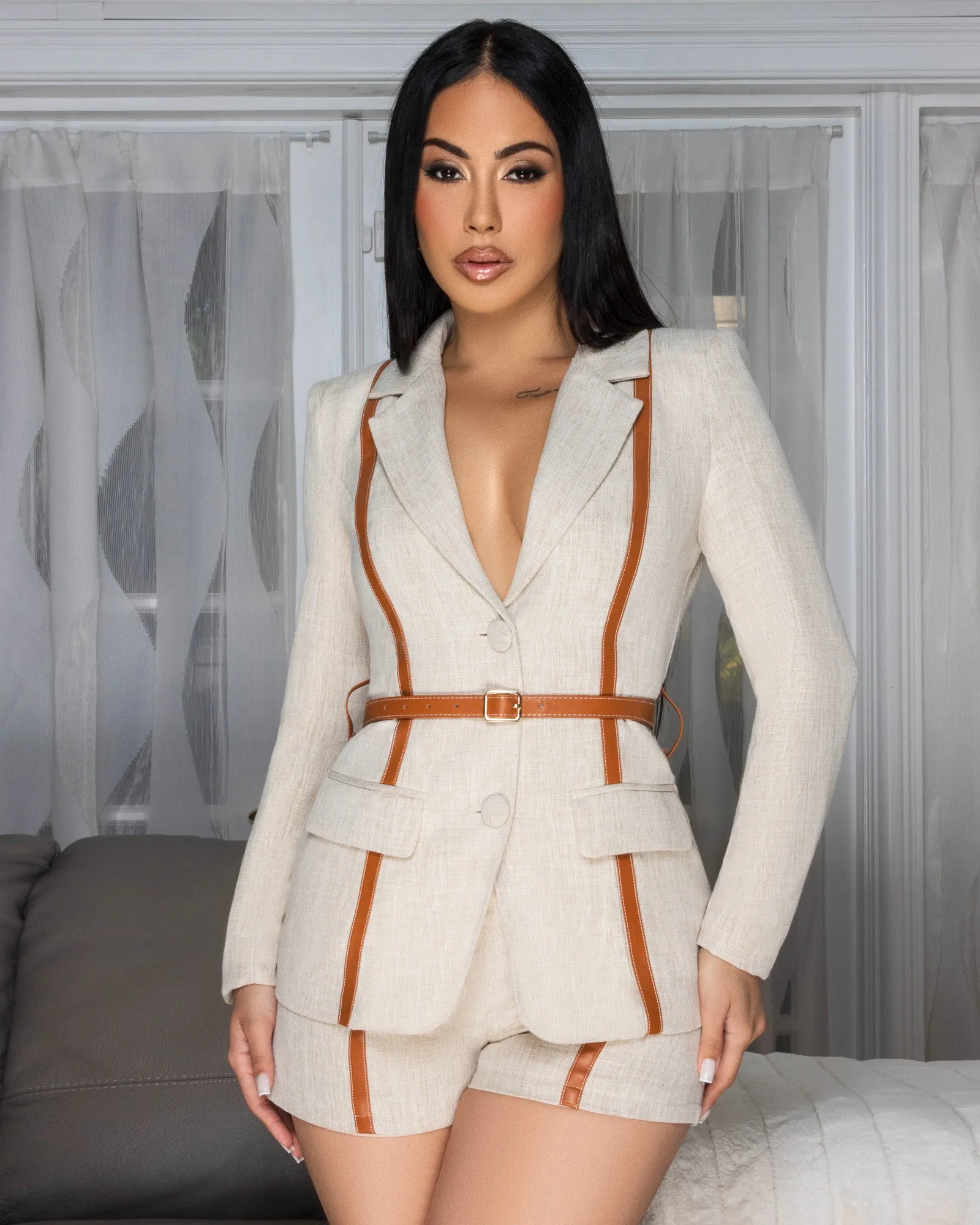 Delaney Nude Linen Mocha Trim Shorts LUXE Set sold by Chic Couture product image thumbnail 4