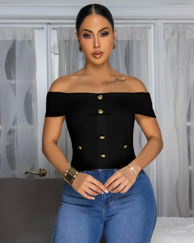 Kayleigh Black Gold Buttons Knit Top sold by Chic Couture