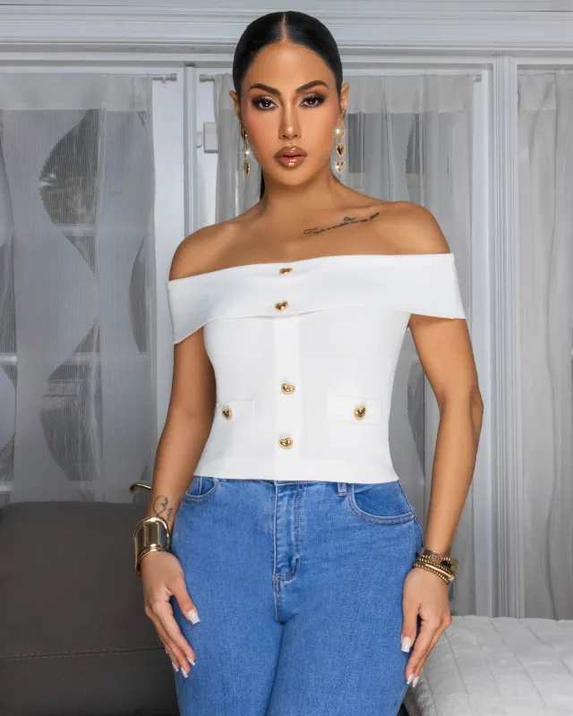 Kayleigh Off-White Gold Buttons Knit Top sold by Chic Couture