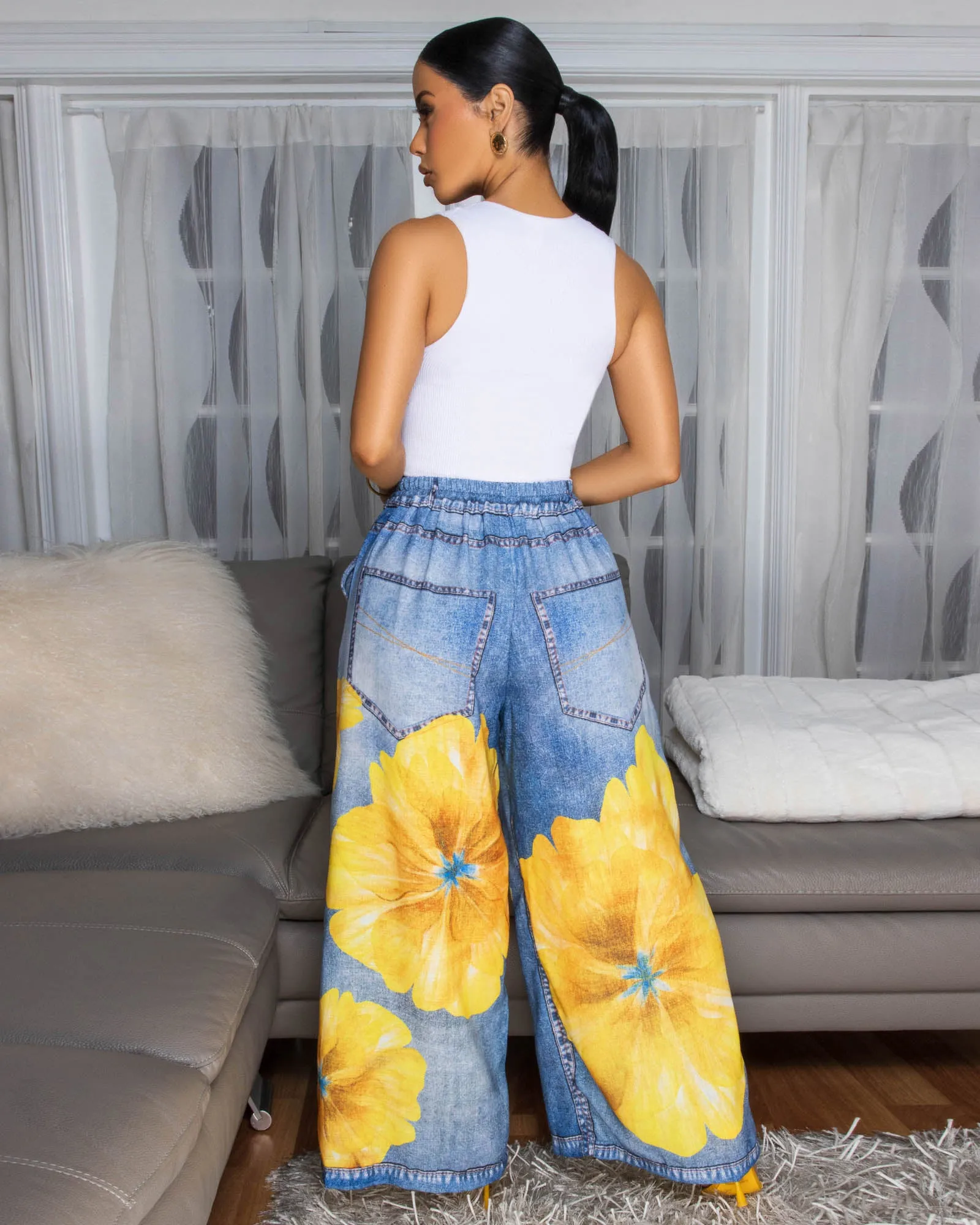 Tamsin Blue Denim Print Yellow Floral Linen Pants sold by Chic Couture product image thumbnail 3