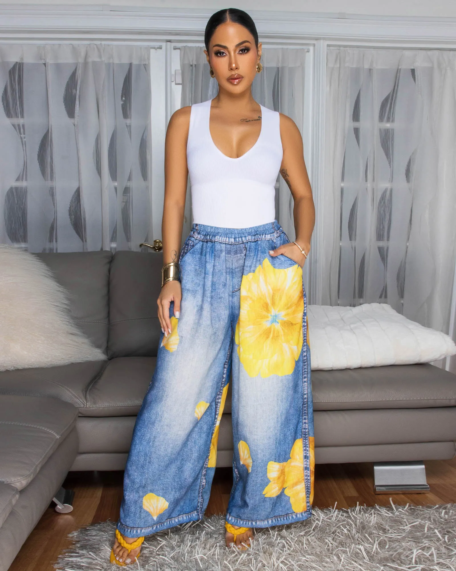 Tamsin Blue Denim Print Yellow Floral Linen Pants sold by Chic Couture