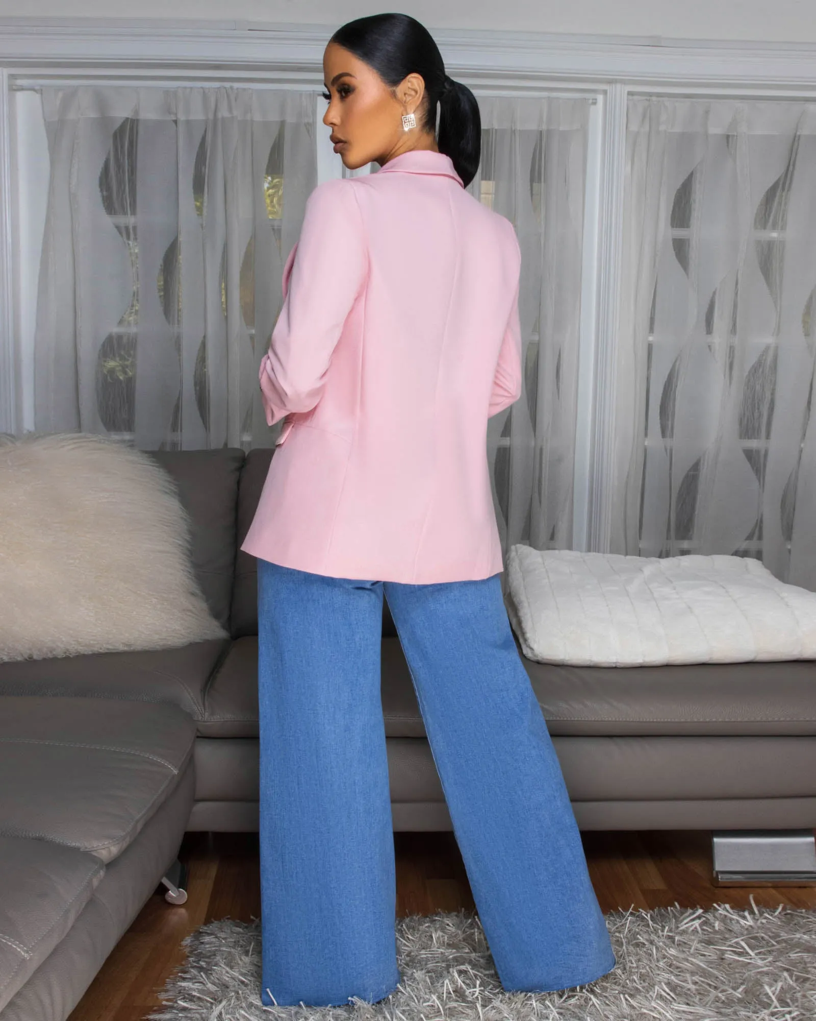 Sahely Pink Ruched Sleeves Long Blazer sold by Chic Couture product image thumbnail 4
