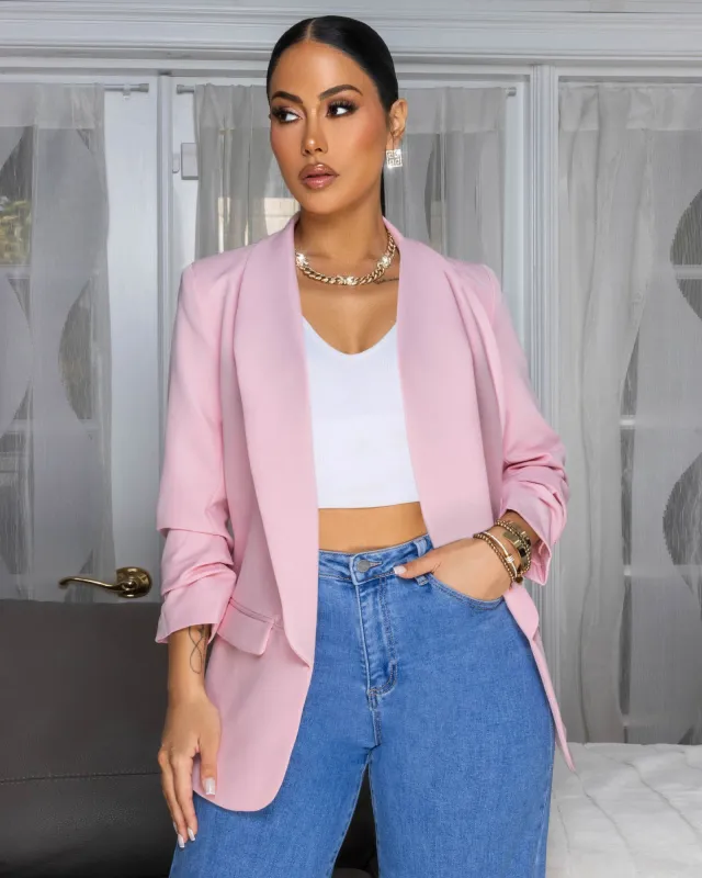 Sahely Pink Ruched Sleeves Long Blazer sold by Chic Couture