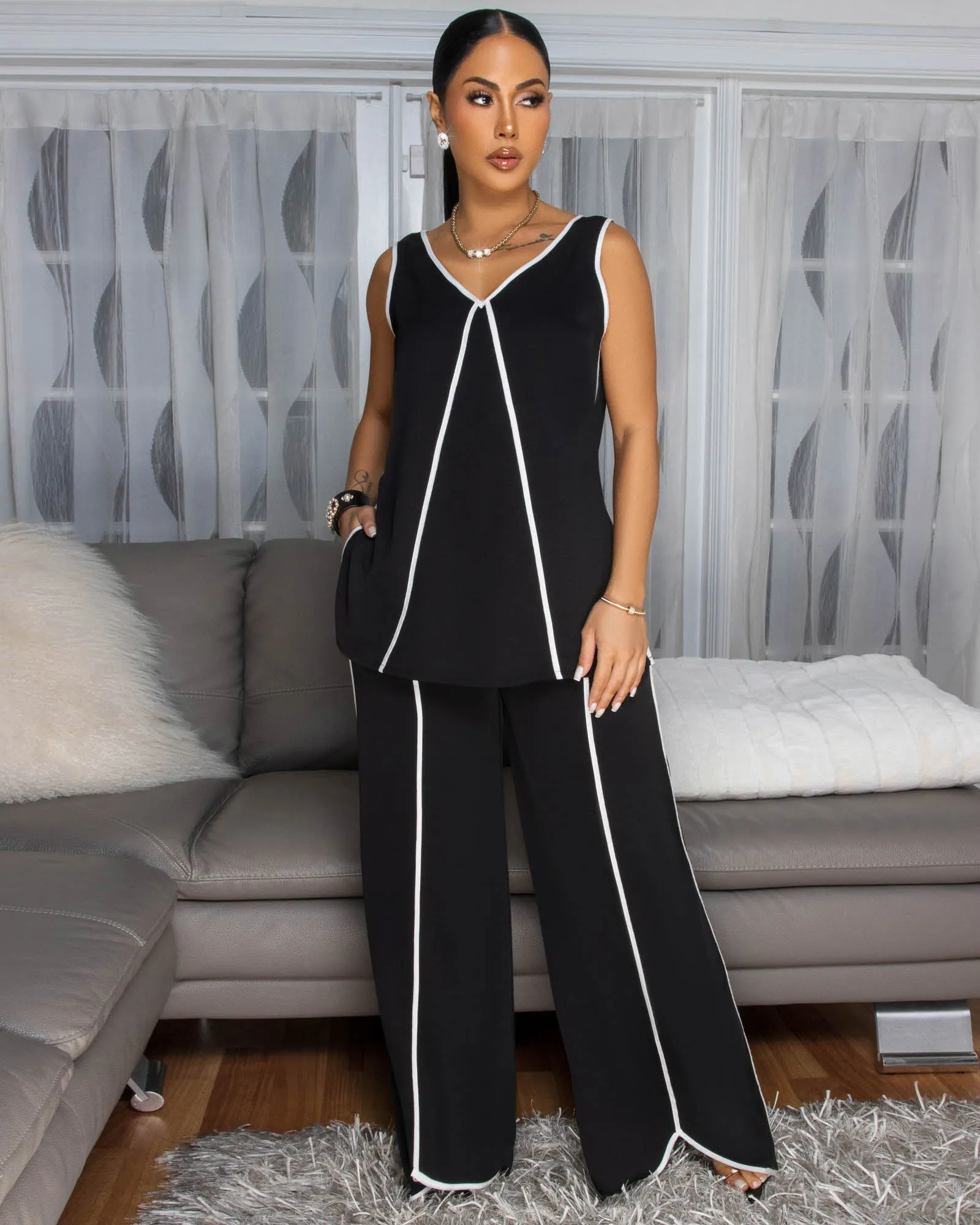 Violeta Black White Trim Top & Pants Set sold by Chic Couture product image thumbnail 3
