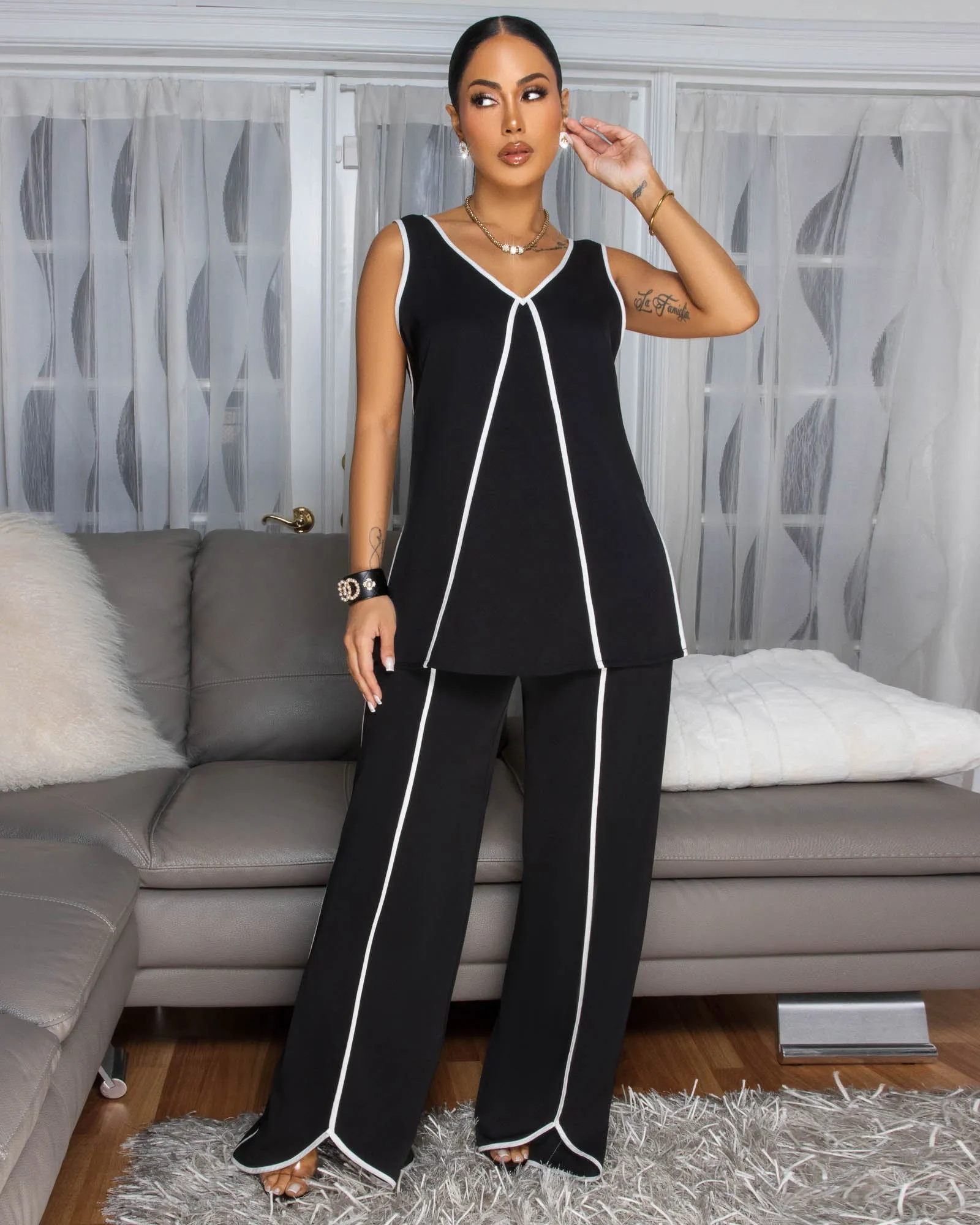Violeta Black White Trim Top & Pants Set sold by Chic Couture