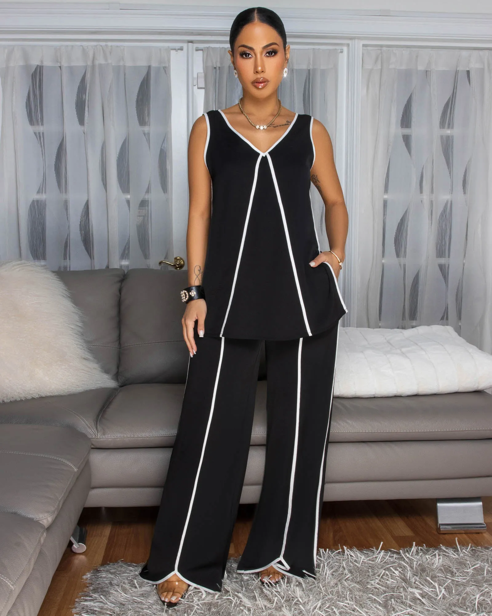 Violeta Black White Trim Top & Pants Set sold by Chic Couture product image thumbnail 2