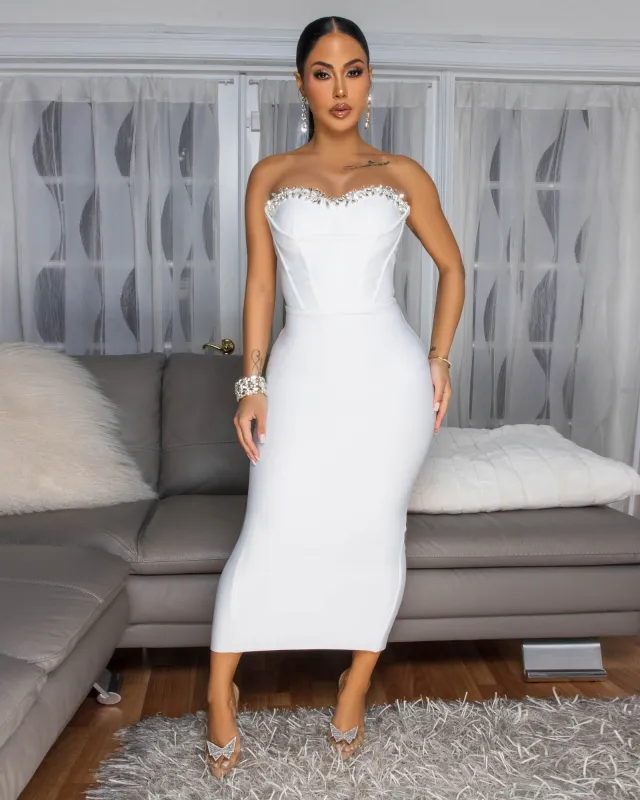 Orellia Off-White Rhinestones Bust Midi Bandage Dress sold by Chic Couture