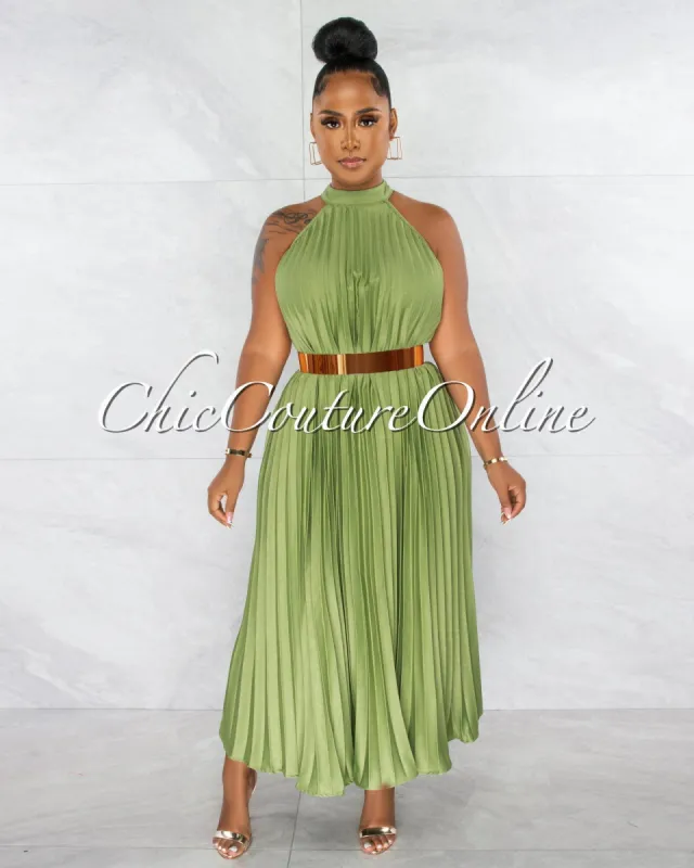 Nicia Sheen Green Halter Pleated Silky Maxi Dress sold by chic