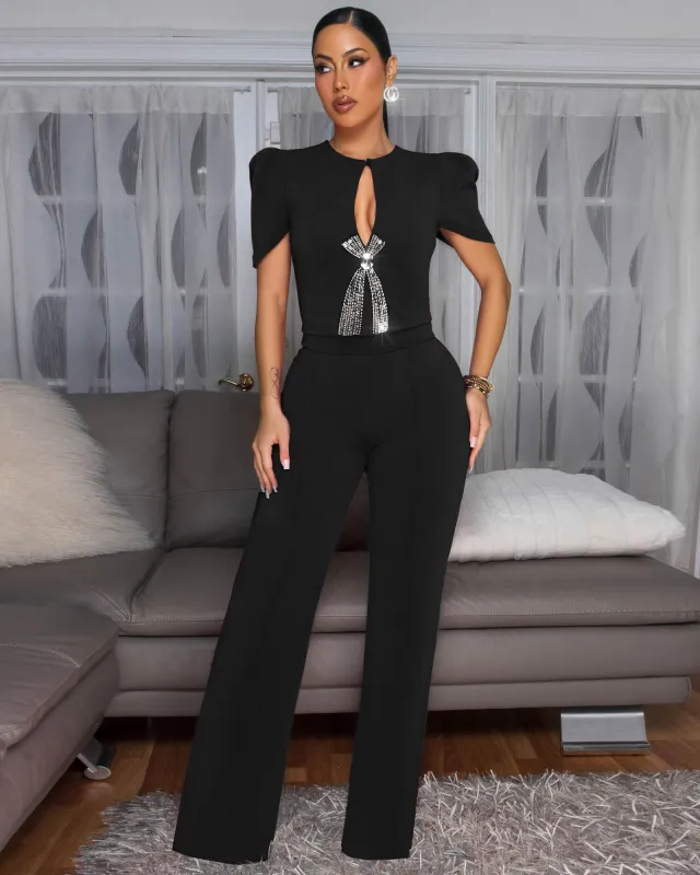 Eleonor Black Rhinestones Accent Top & Pants Set sold by Chic Couture