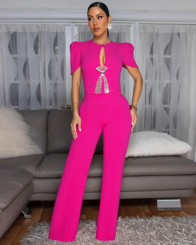 Eleonor Fuchsia Rhinestones Accent Top & Pants Set sold by Chic Couture