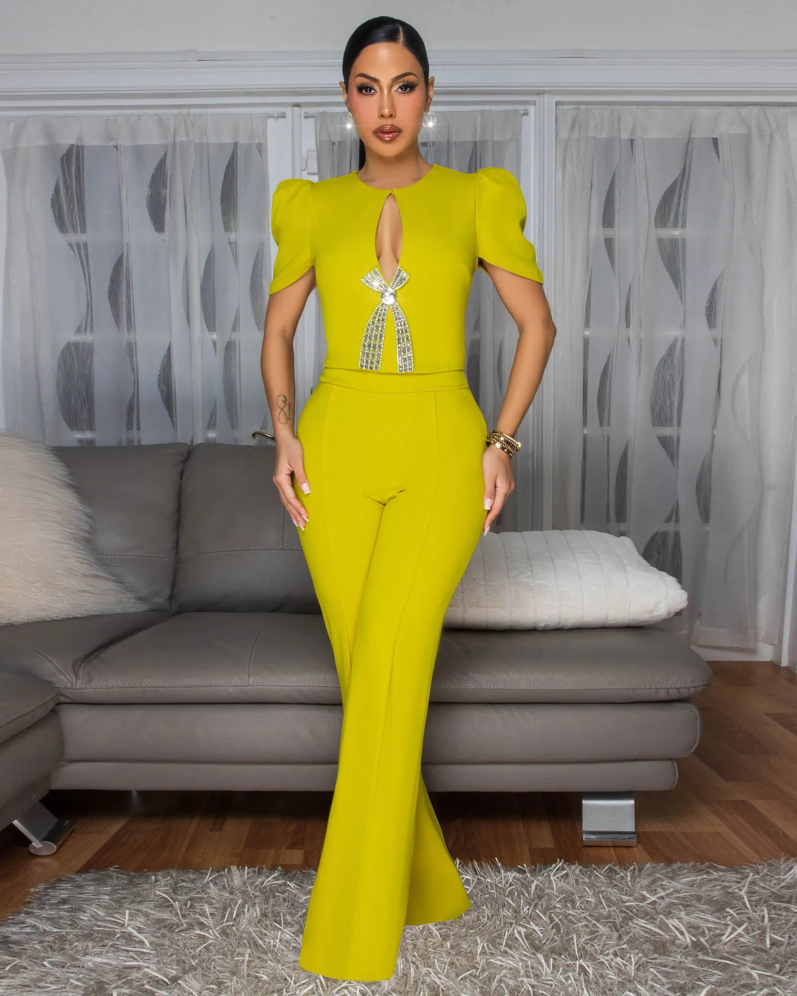 Eleonor Lime Rhinestones Accent Top & Pants Set sold by Chic Couture product image thumbnail 2