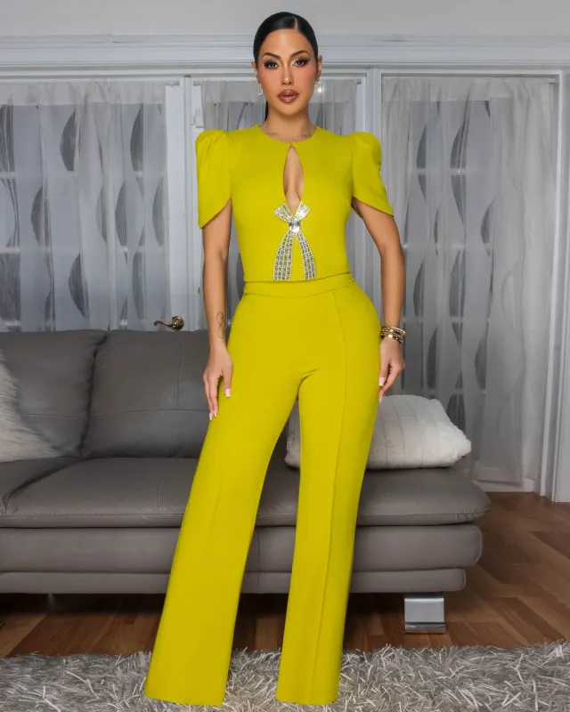 Eleonor Lime Rhinestones Accent Top & Pants Set sold by Chic Couture