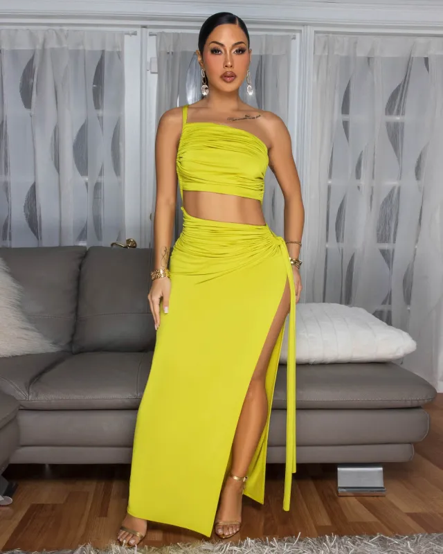 Lenny Lime Ruched Cut-Out Maxi Dress sold by Chic Couture