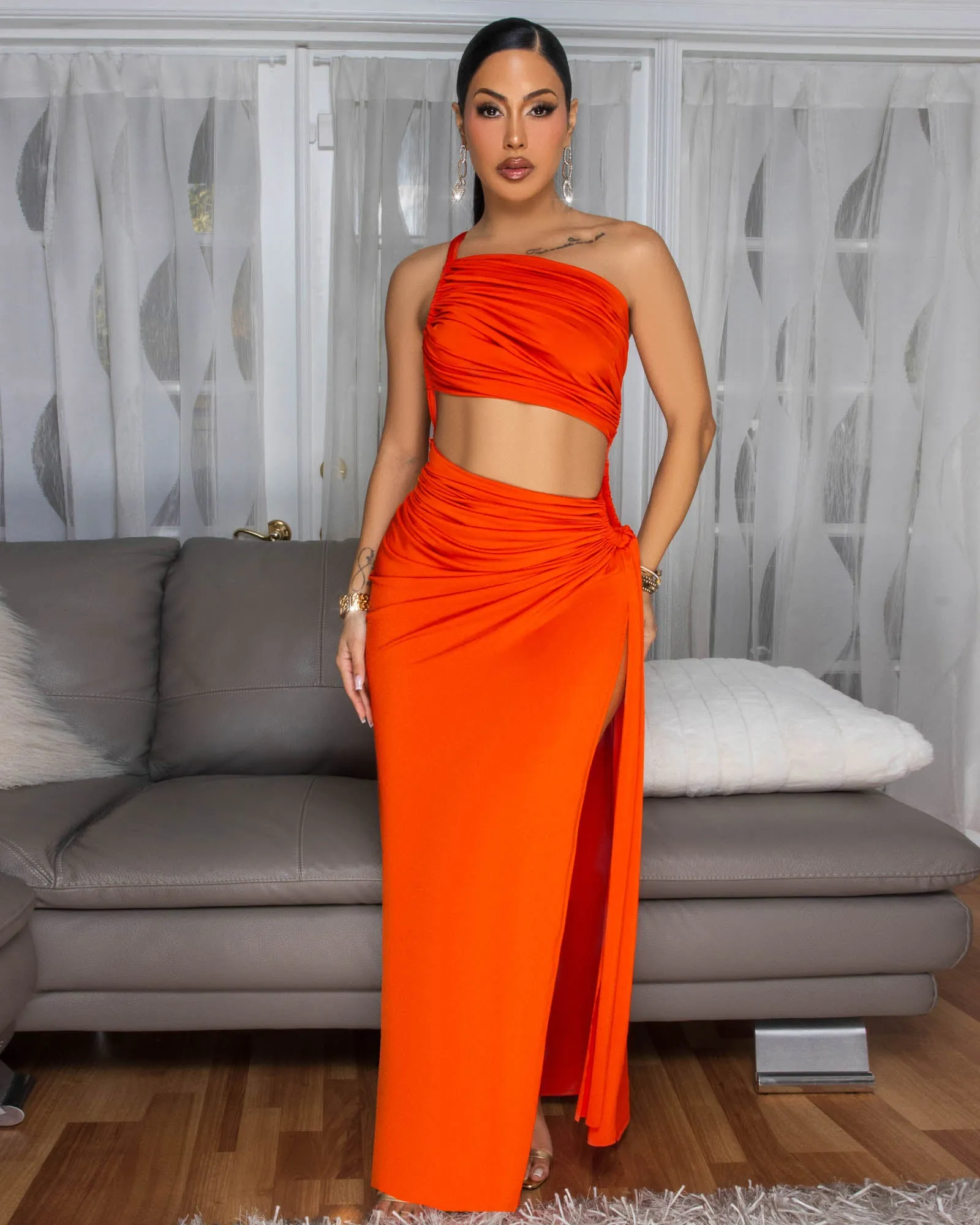 Lenny Orange Ruched Cut-Out Maxi Dress sold by Chic Couture product image thumbnail 2