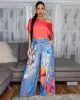 Dinah Blue Denim Print Coral Butterfly Print Linen Pants sold by Chic Couture