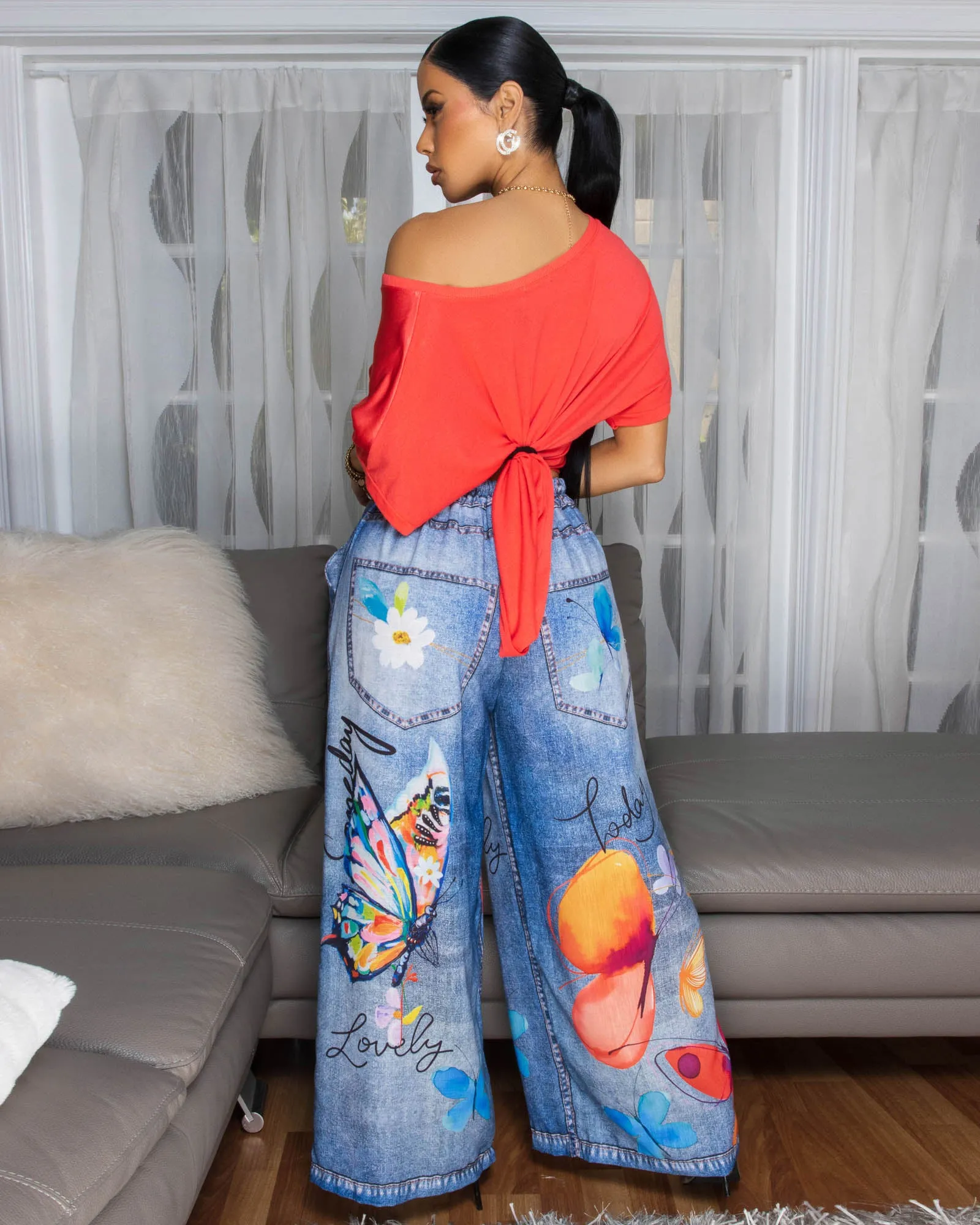 Dinah Blue Denim Print Coral Butterfly Print Linen Pants sold by Chic Couture product image thumbnail 3