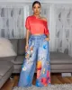 Dinah Blue Denim Print Coral Butterfly Print Linen Pants sold by Chic Couture