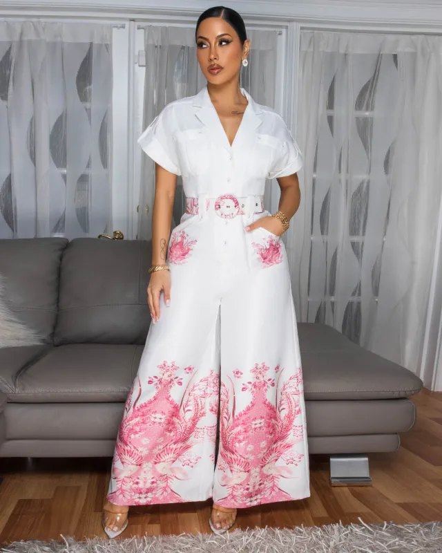 Fallon Off-White Pink Print Belted Jumpsuit sold by Chic Couture