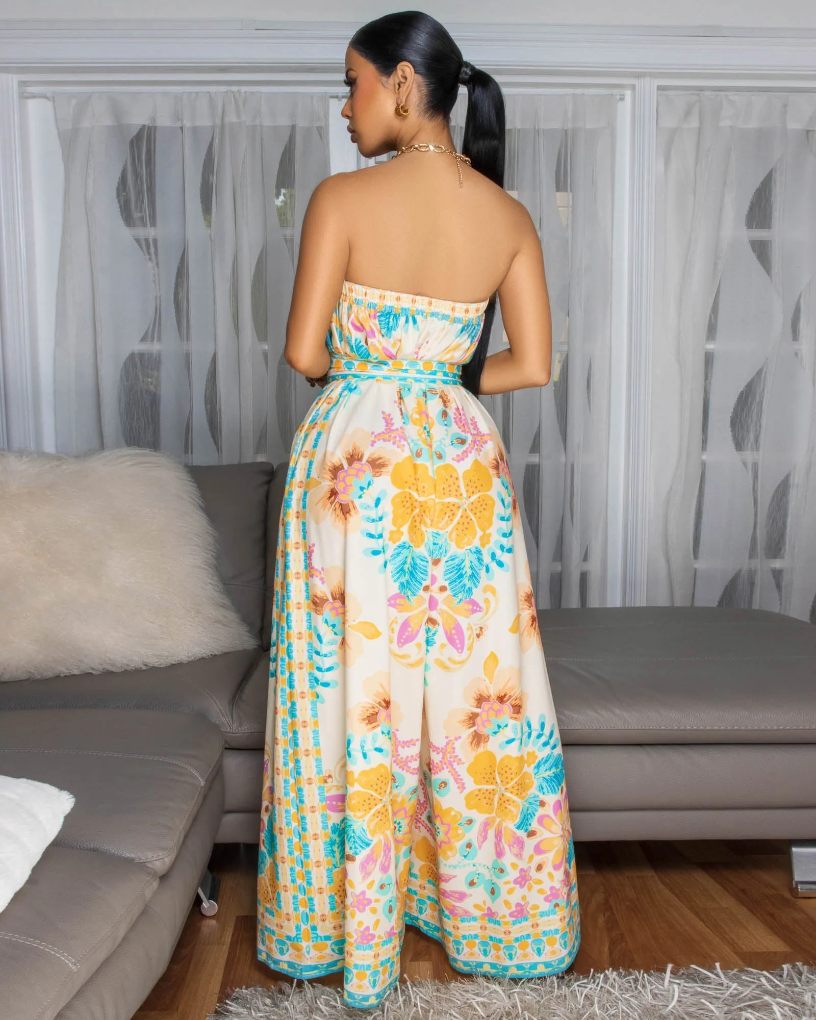 Soleil Cream Multi-Color Floral Print Strapless Jumpsuit sold by Chic Couture product image thumbnail 3