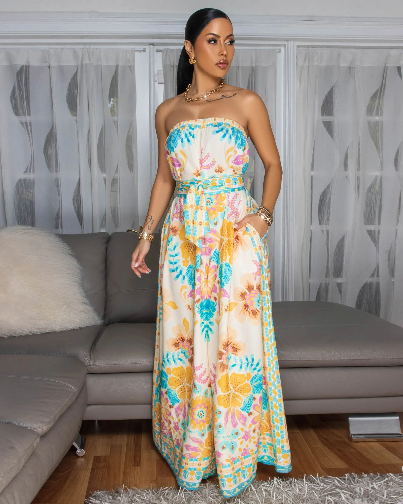 Soleil Cream Multi-Color Floral Print Strapless Jumpsuit sold by Chic Couture product image thumbnail 2