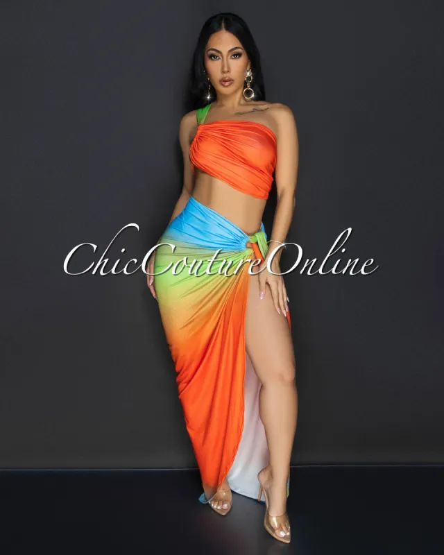 Valia Orange Multi Crop Top & Skirt Set sold by Chic Couture