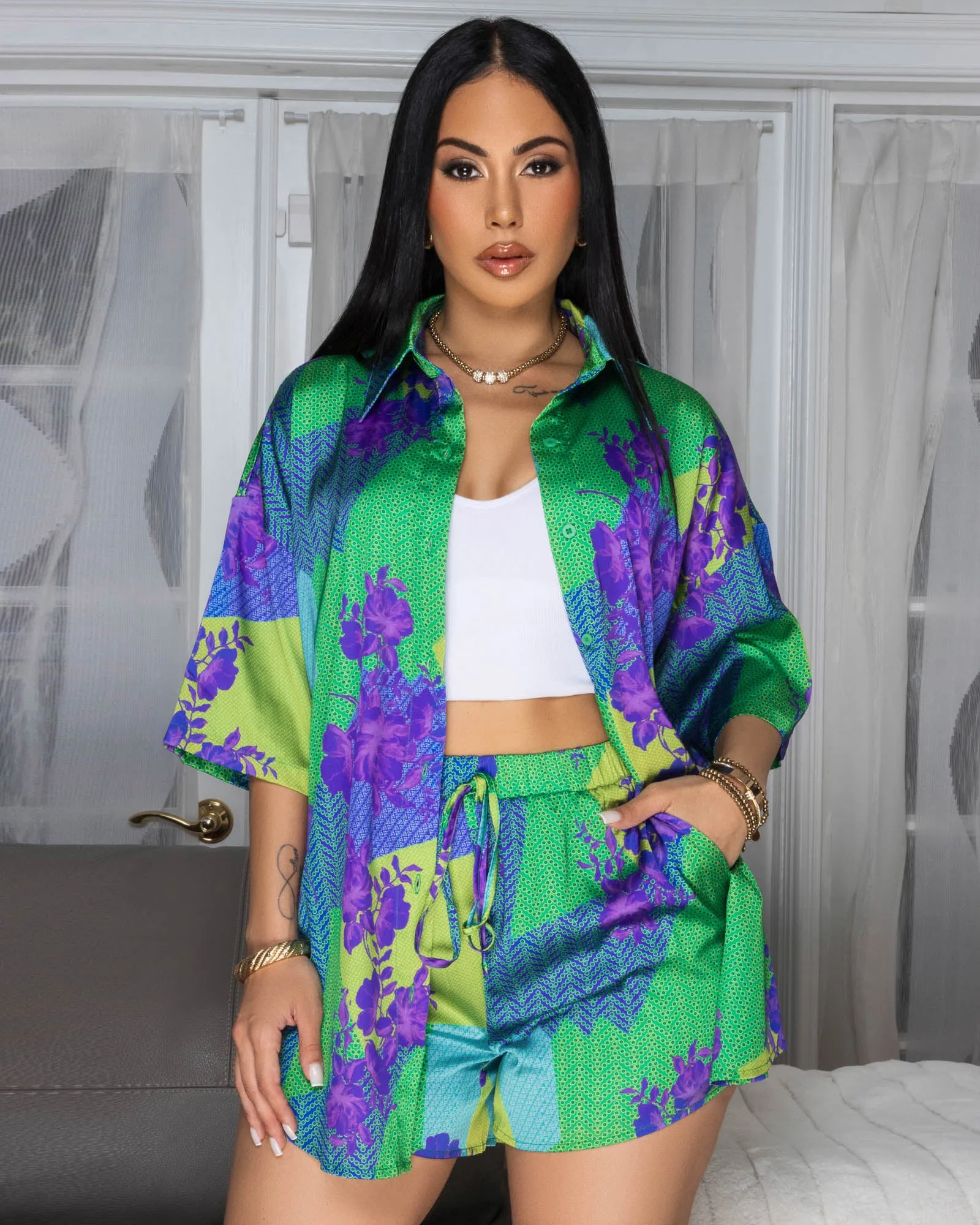 Gigi Green Multi-Color Floral Print Silky Shorts Set sold by Chic Couture product image thumbnail 3