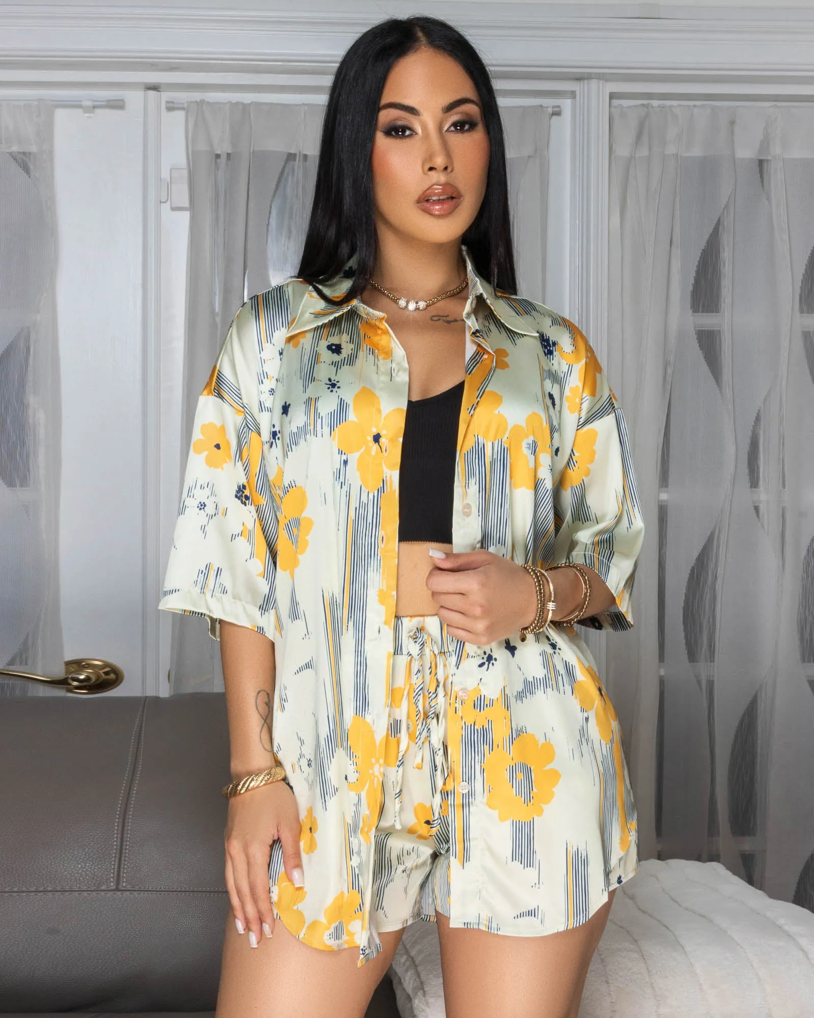Aluna Cream Yellow Floral Print Silky Shorts Set sold by Chic Couture product image thumbnail 3