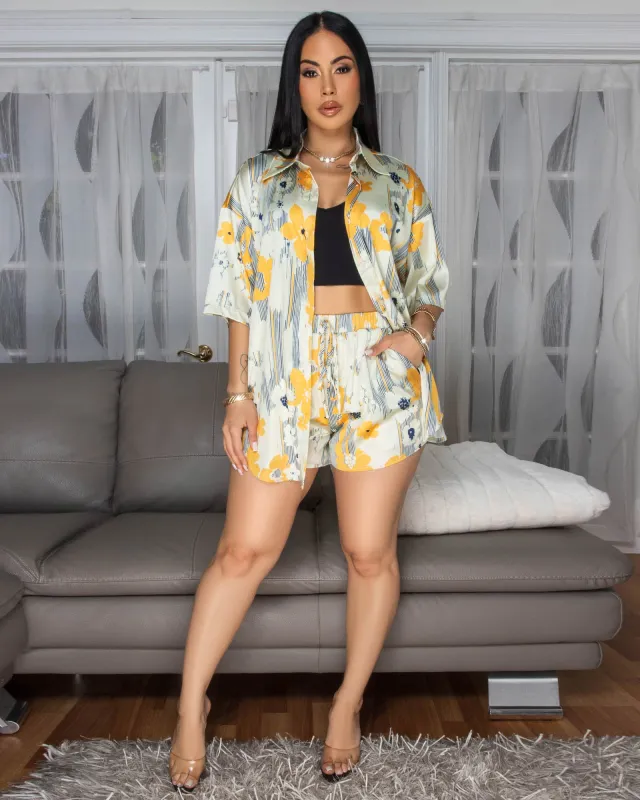 Aluna Cream Yellow Floral Print Silky Shorts Set sold by Chic Couture