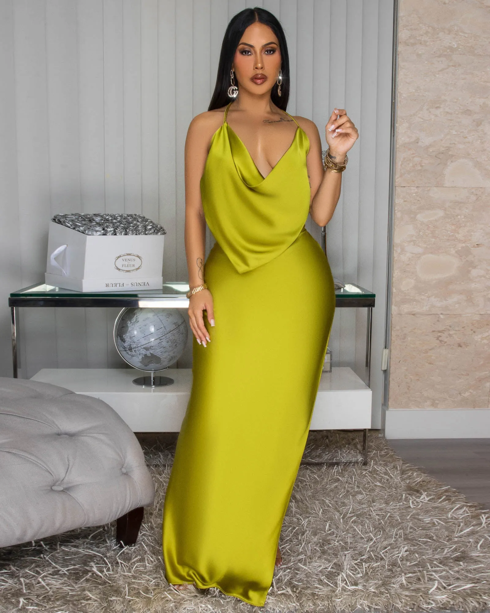 Mademoiselle Moss Green Draped Halter Maxi Dress sold by Chic Couture product image thumbnail 2
