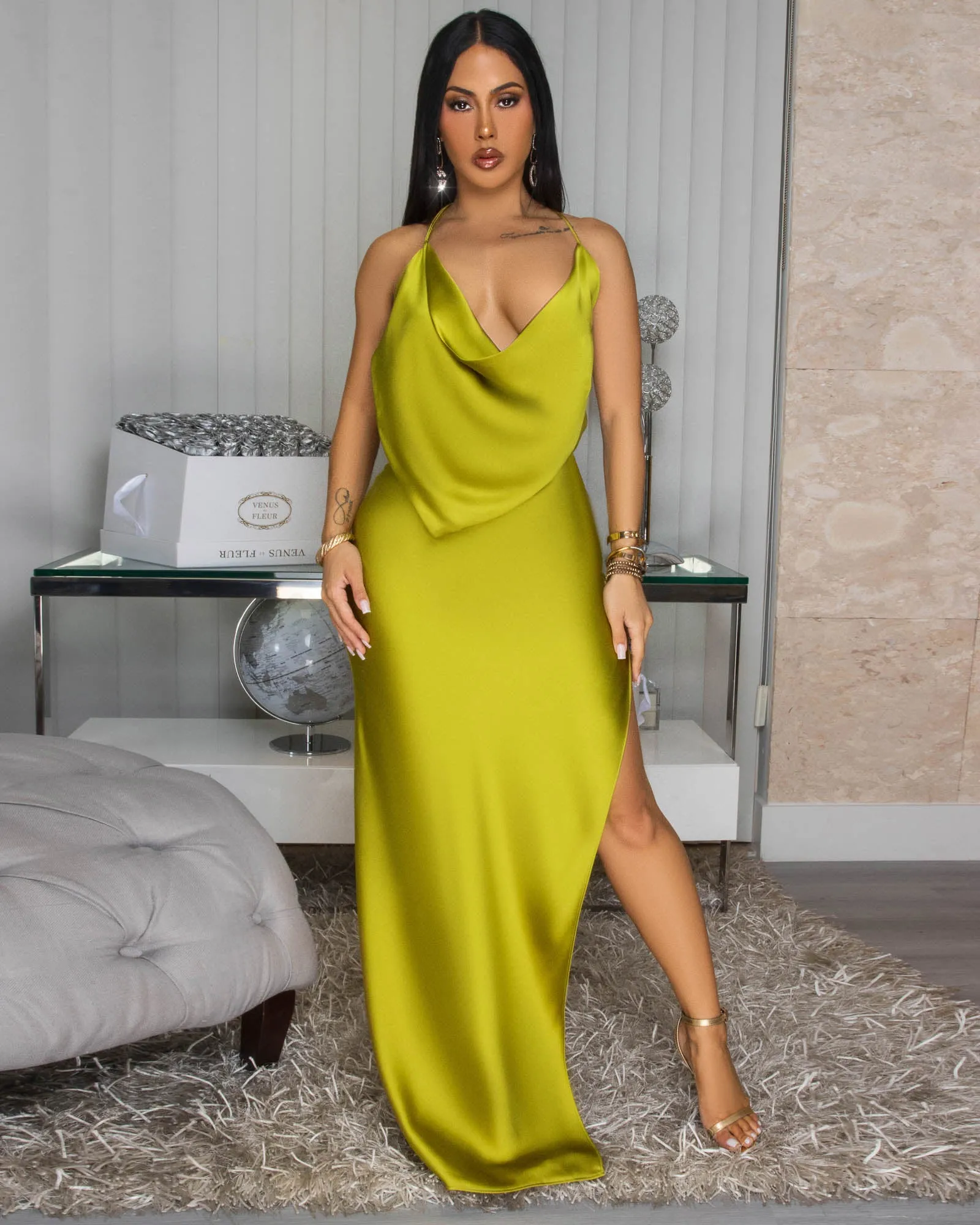 Mademoiselle Moss Green Draped Halter Maxi Dress sold by Chic Couture product image thumbnail 4