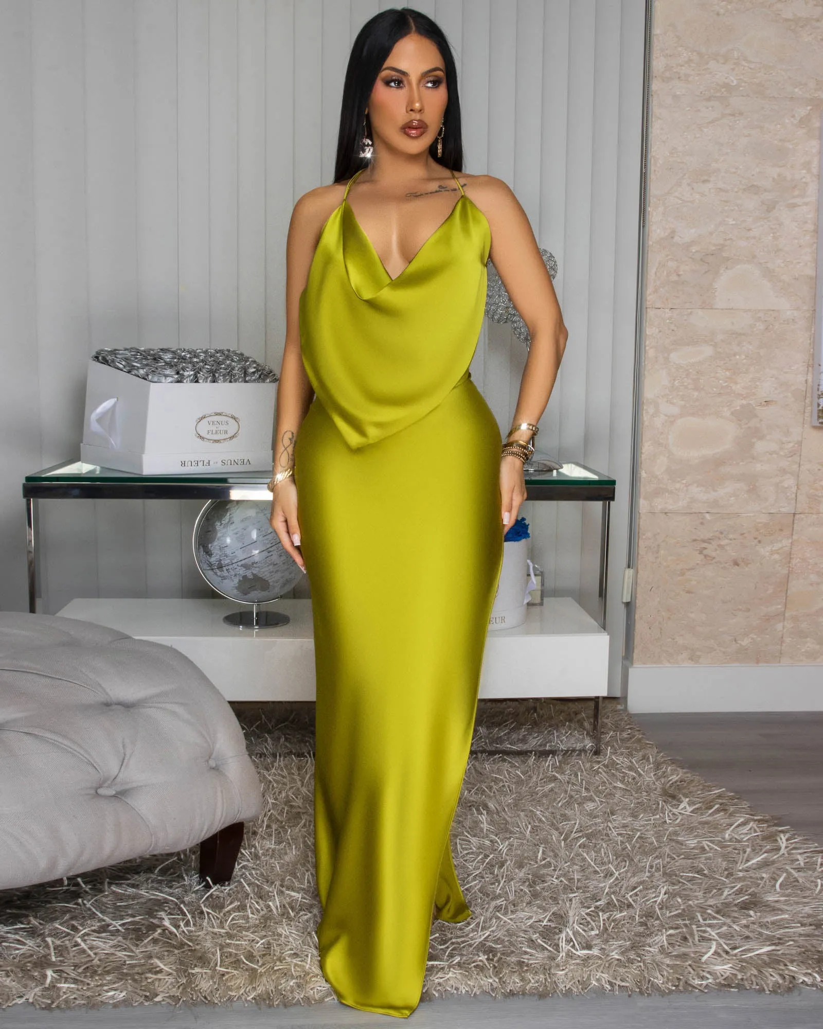 Mademoiselle Moss Green Draped Halter Maxi Dress sold by Chic Couture product image thumbnail 3
